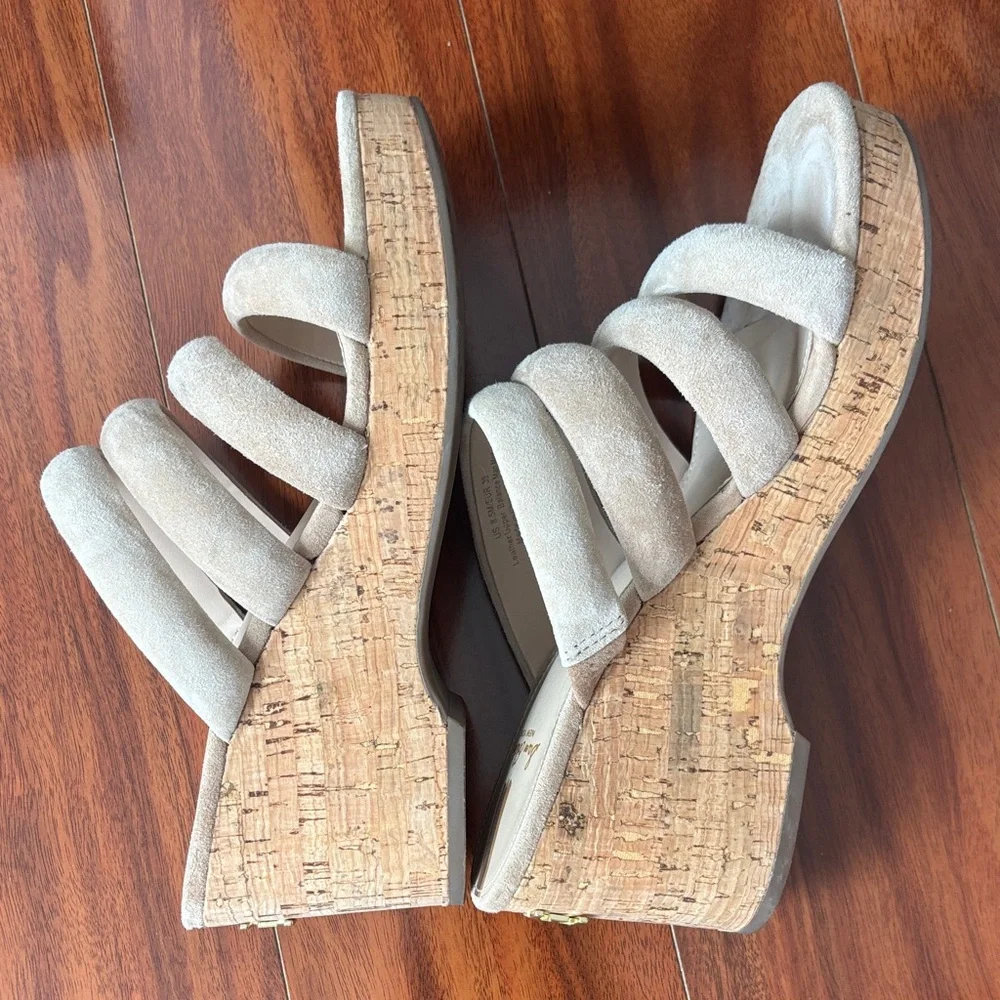Sam Edelman Beige Suede Cork Wedge Slide Sandals